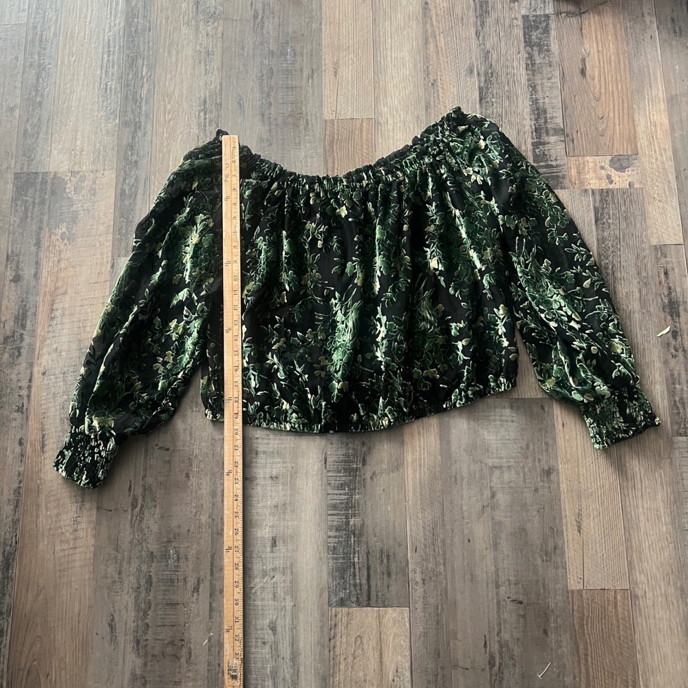 Anthropologie Green Floral Burnout Velvet Off Shoulder Blouse Devore Romantic XL - Picture 2 of 4